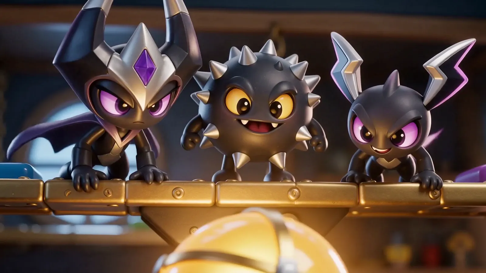 Three mischievous Nulls peering over a ledge at the glowing Core