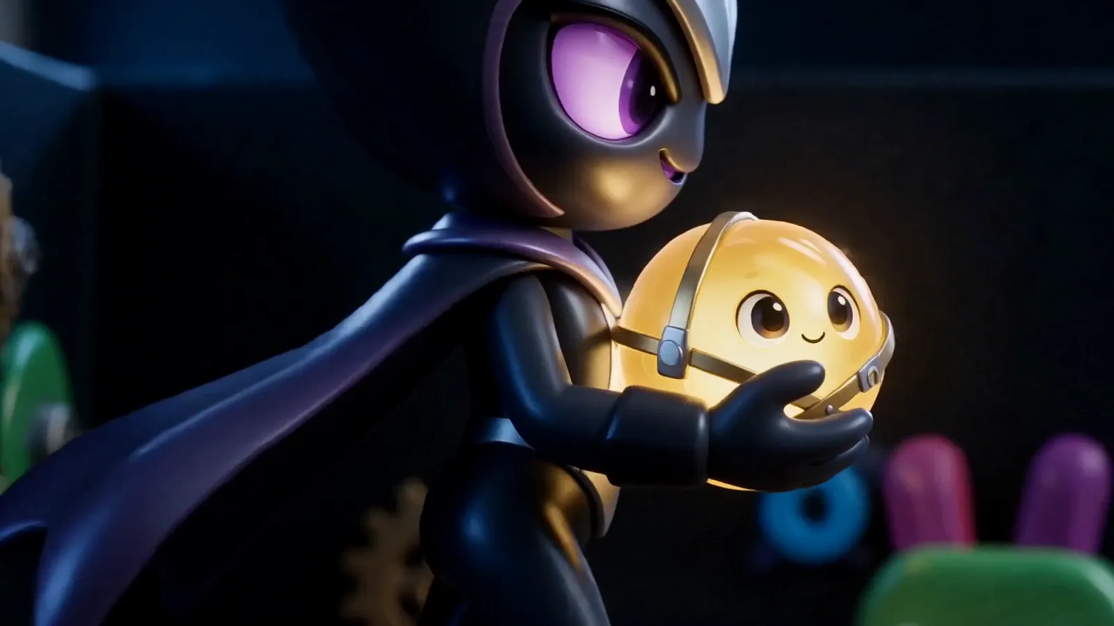 Vexa, the caped leader of the Nulls, holding the stolen Flux Core