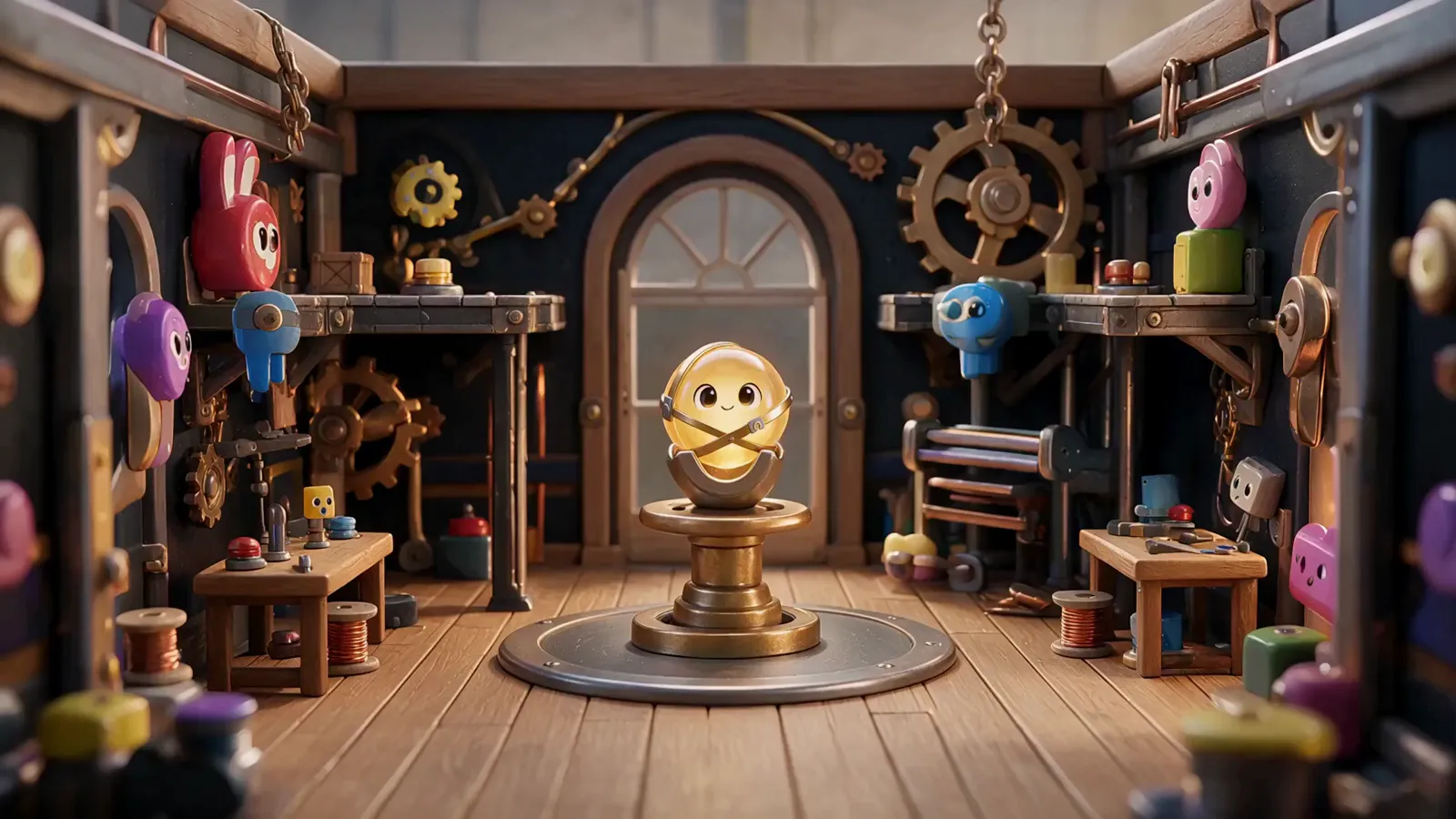The golden Flux Core glowing on a brass pedestal in the middle of a cozy workshop
